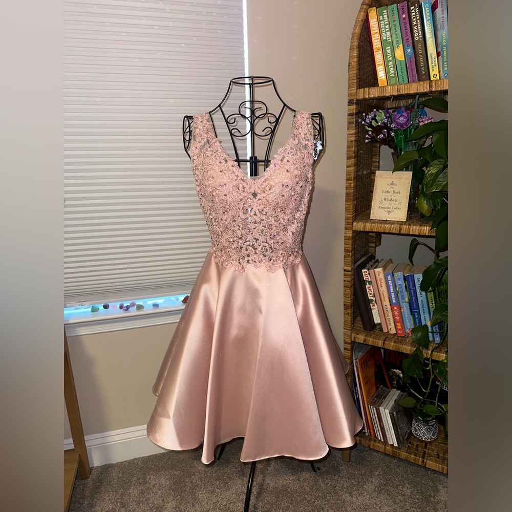 elizabeth k beaded bodice blush satin homecoming dress size small